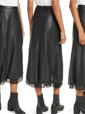 Free People Black Faux-Leather Maxi Skirt with Lace Hem